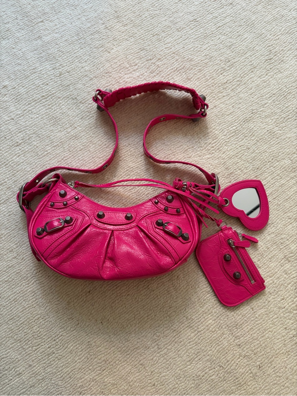 Balenciaga XS Le Cagole Shoulder Bag Hot Pink Leather Studded $2,750 Retail